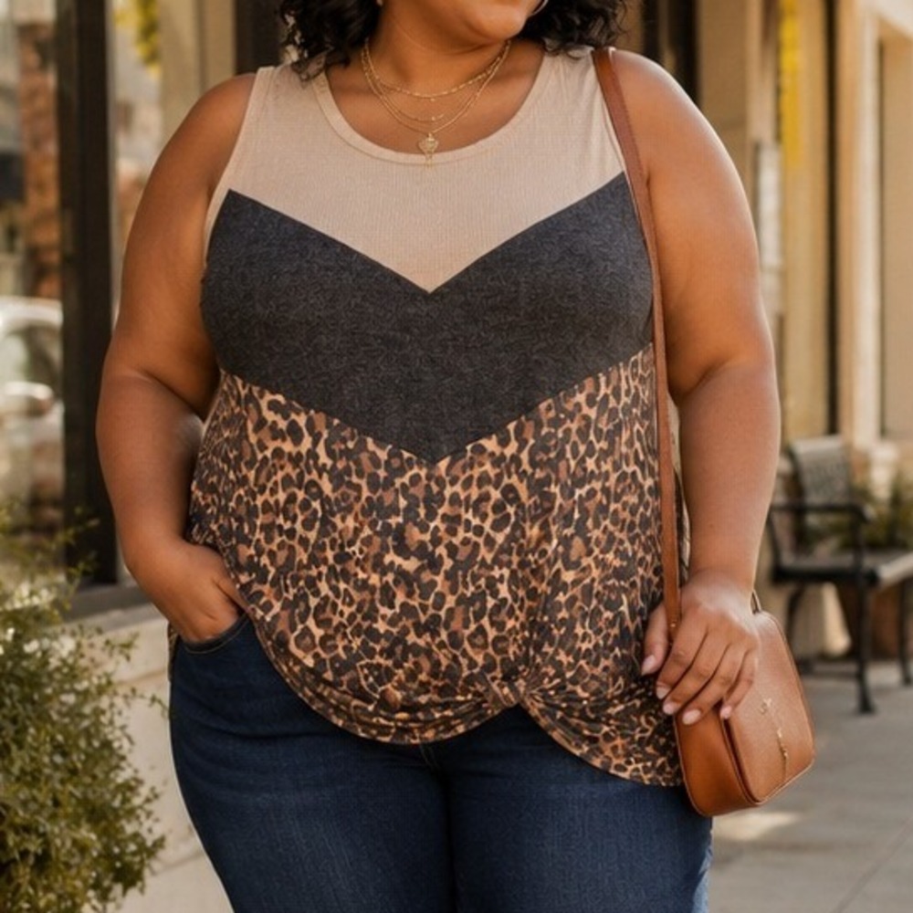 Leopard Twist Front Tank Top Colorblock Women's 3X First‎ Love by Evelyn